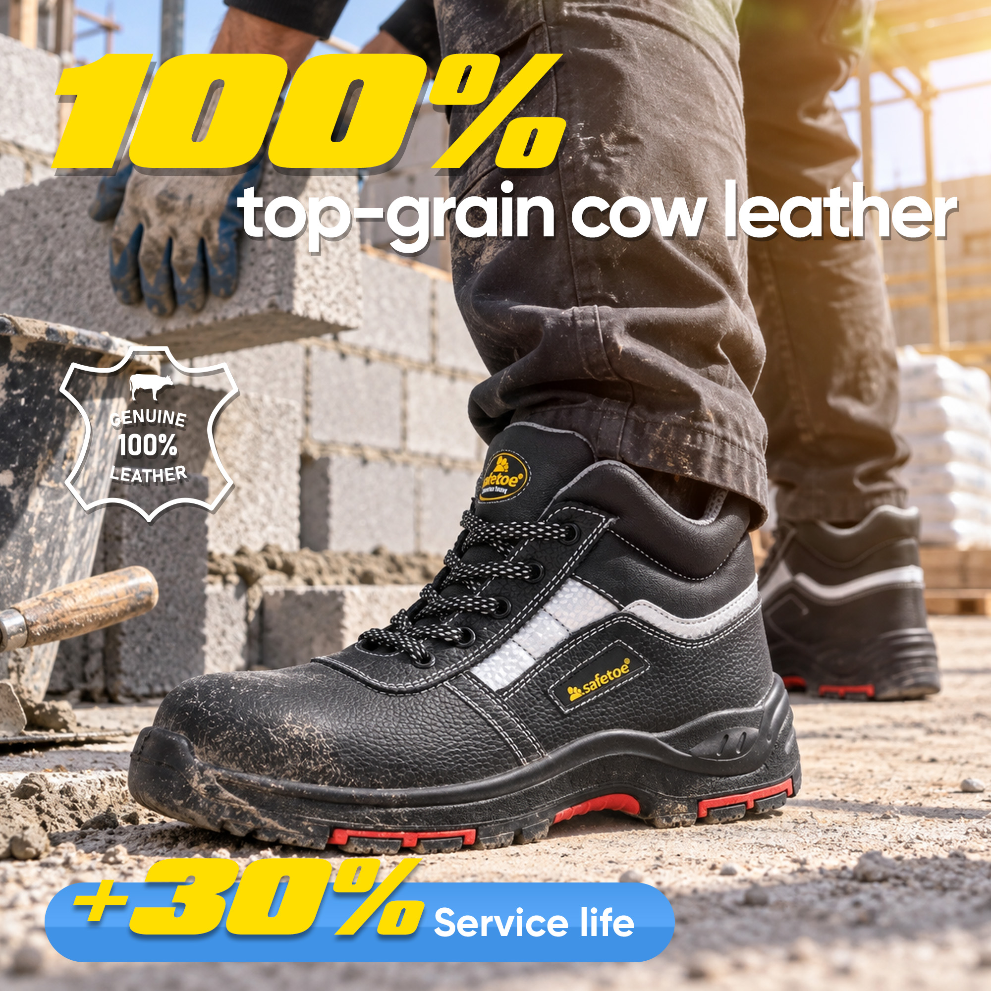 Premium Black Leather Industrial Safety Work Shoes M-8027PRST