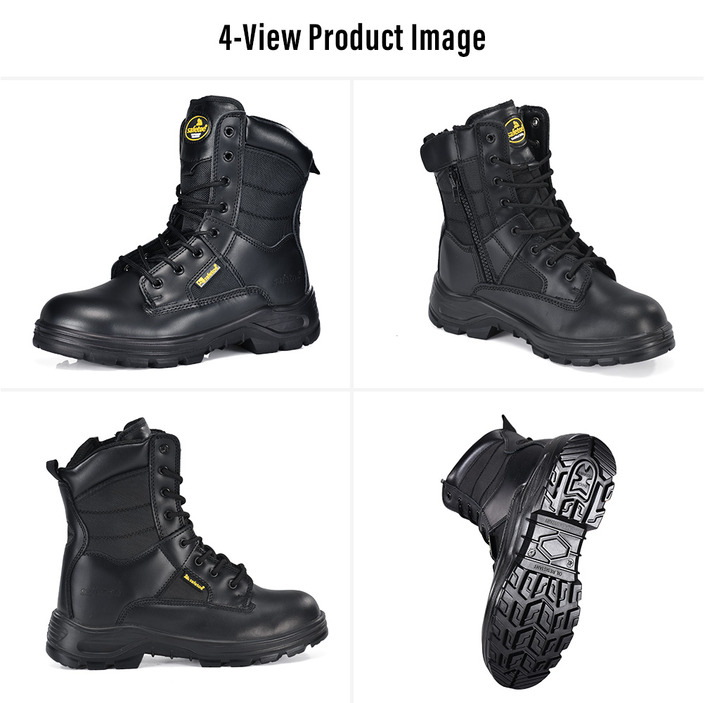 Four-view image of Safetoe H-9438 tactical side zip safety boots showing front, side, rear and slip-resistant outsole views