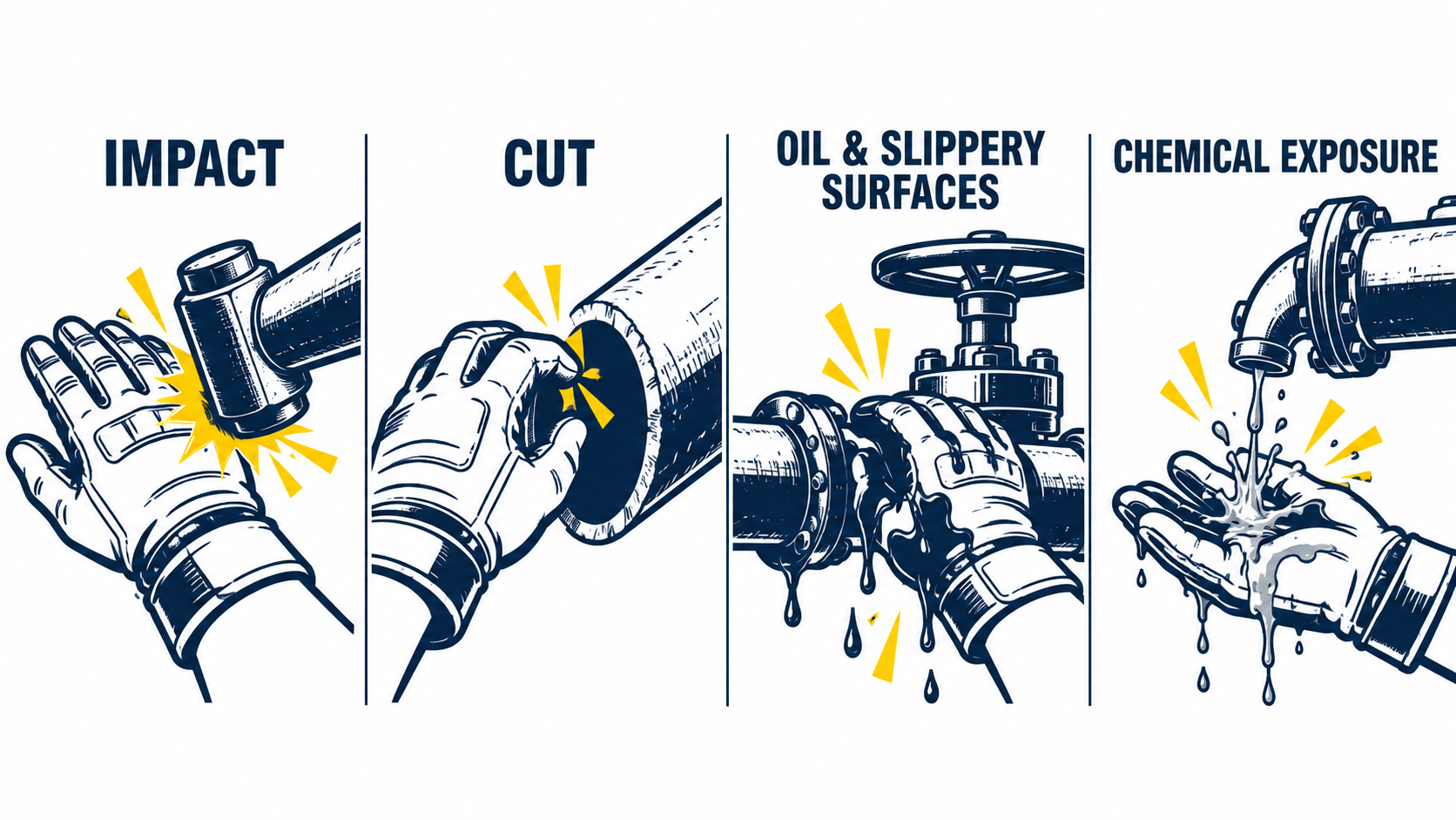 Common oil and gas hand hazards including impact cut oily surfaces and chemical exposure