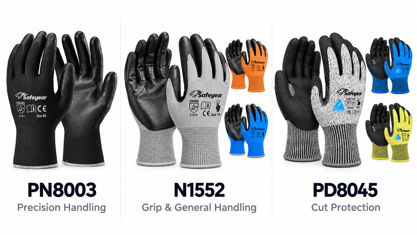Safeyear PN8003 N1552 and PD8045 work gloves for precision handling grip and cut protection
