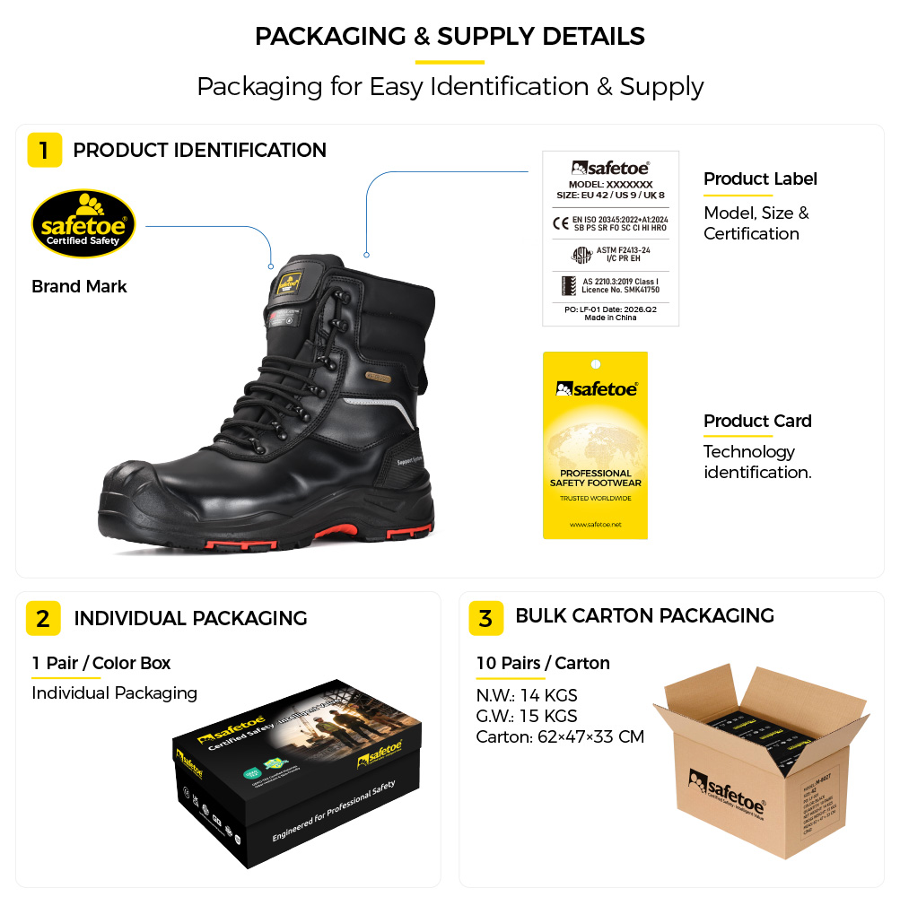 Safetoe H-9552BK insulated winter safety boots packaging and bulk supply details
