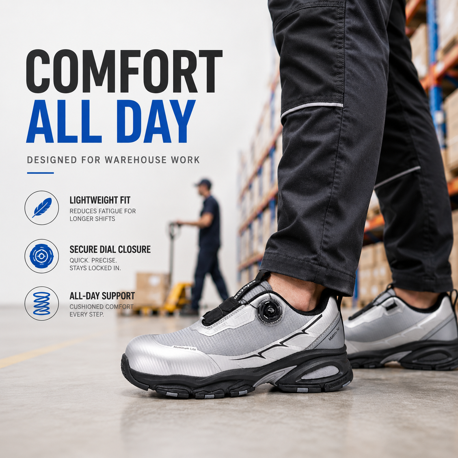Worker wearing lightweight L-7601 safety shoes for all-day comfort