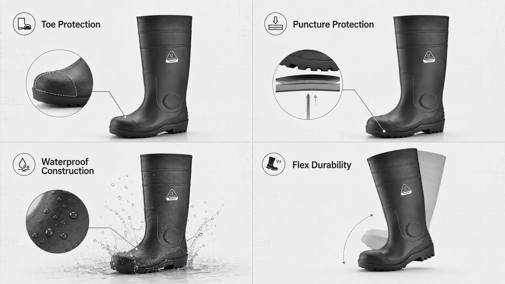 Safety Wellington boot toe puncture waterproof and flex durability features