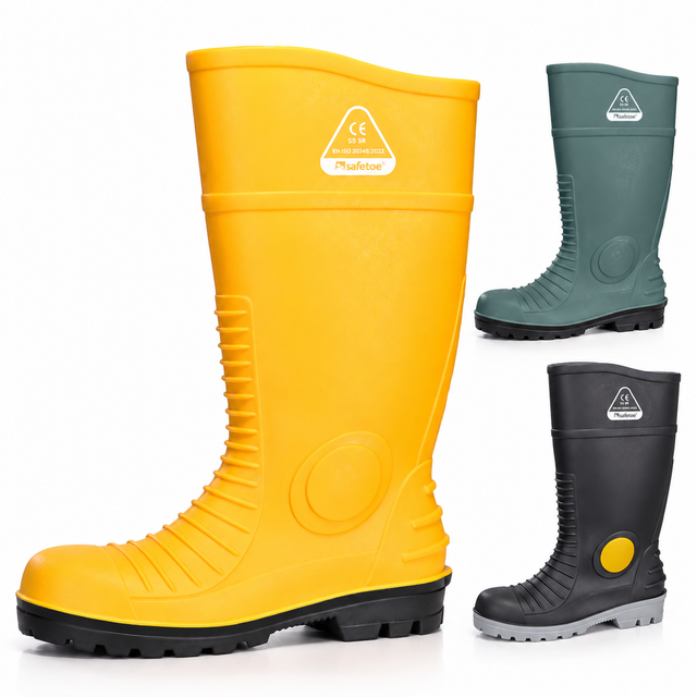 Safetoe W-6055 yellow industrial steel toe Wellington boots with waterproof PVC construction and additional color options