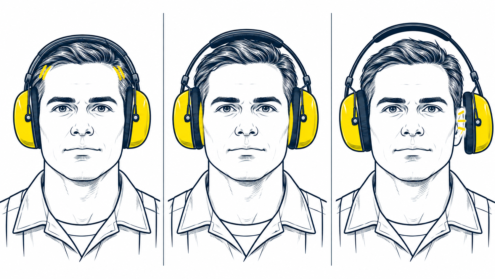 Three illustrations comparing tight, balanced and loose safety earmuff fit