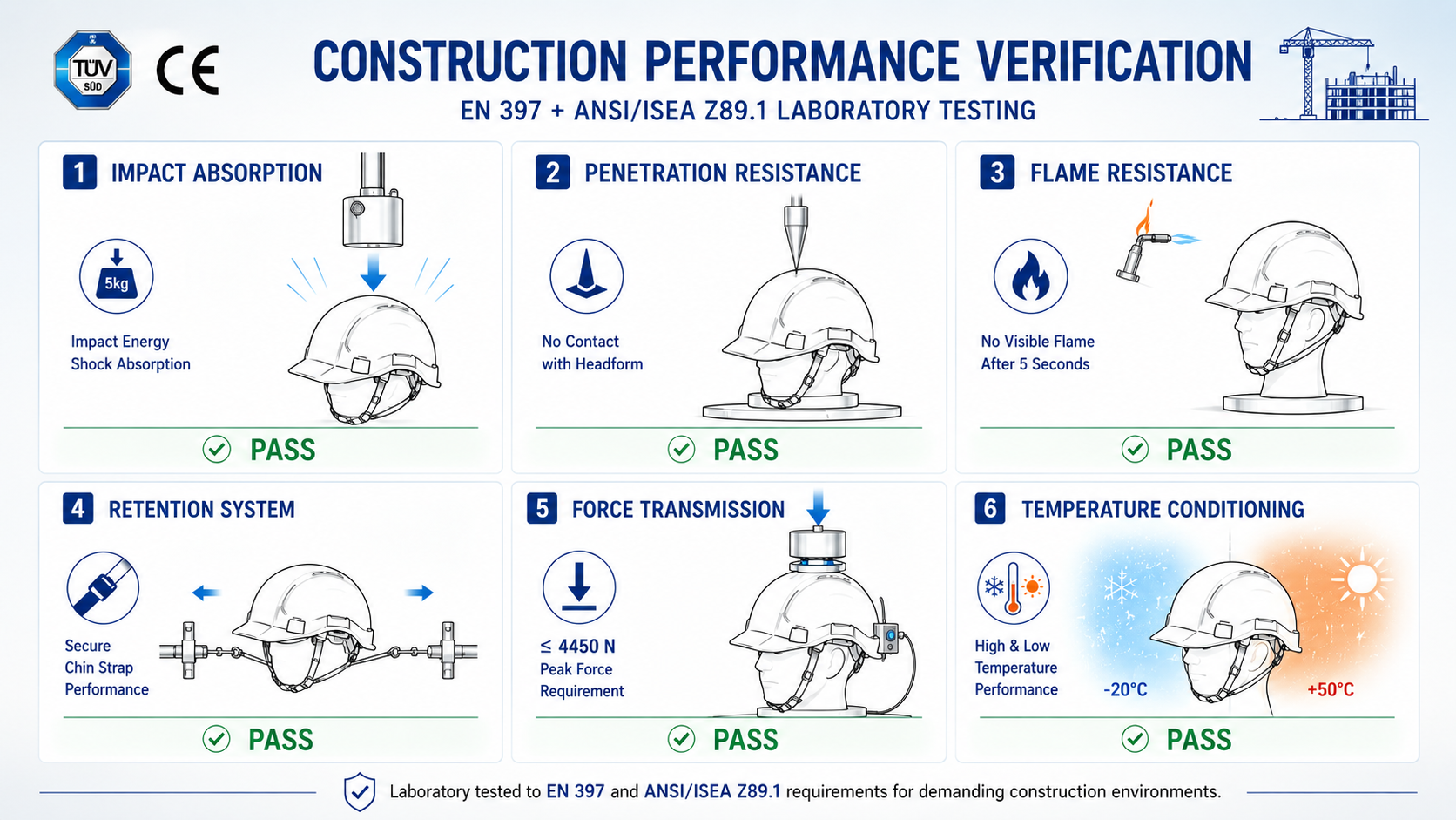 Construction safety helmet performance tests including impact absorption, penetration resistance, flame resistance, retention, force transmission and temperature conditioning
