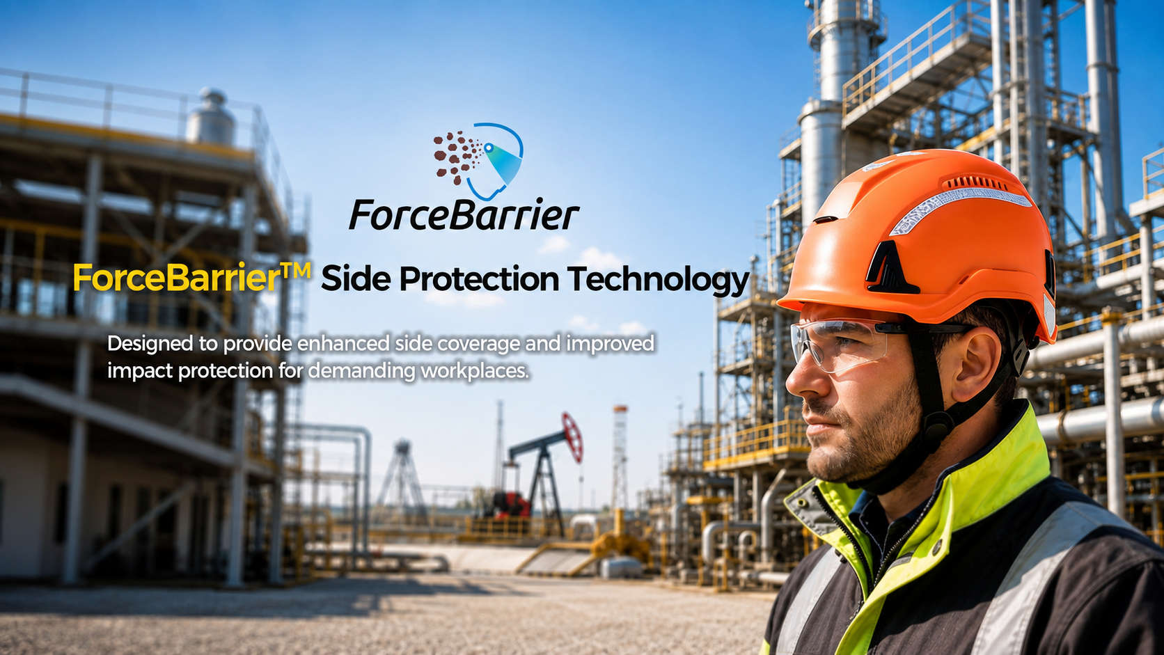 Industrial worker wearing an orange safety helmet with ForceBarrier side protection technology