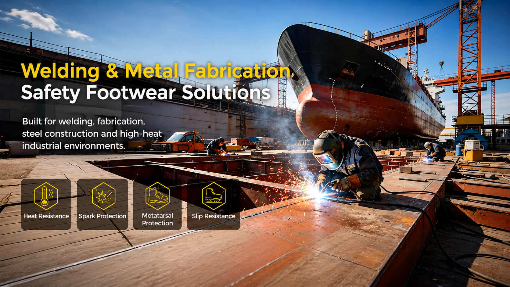 Welding and metal fabrication safety footwear solutions for heat, sparks, metatarsal impact and slippery industrial surfaces