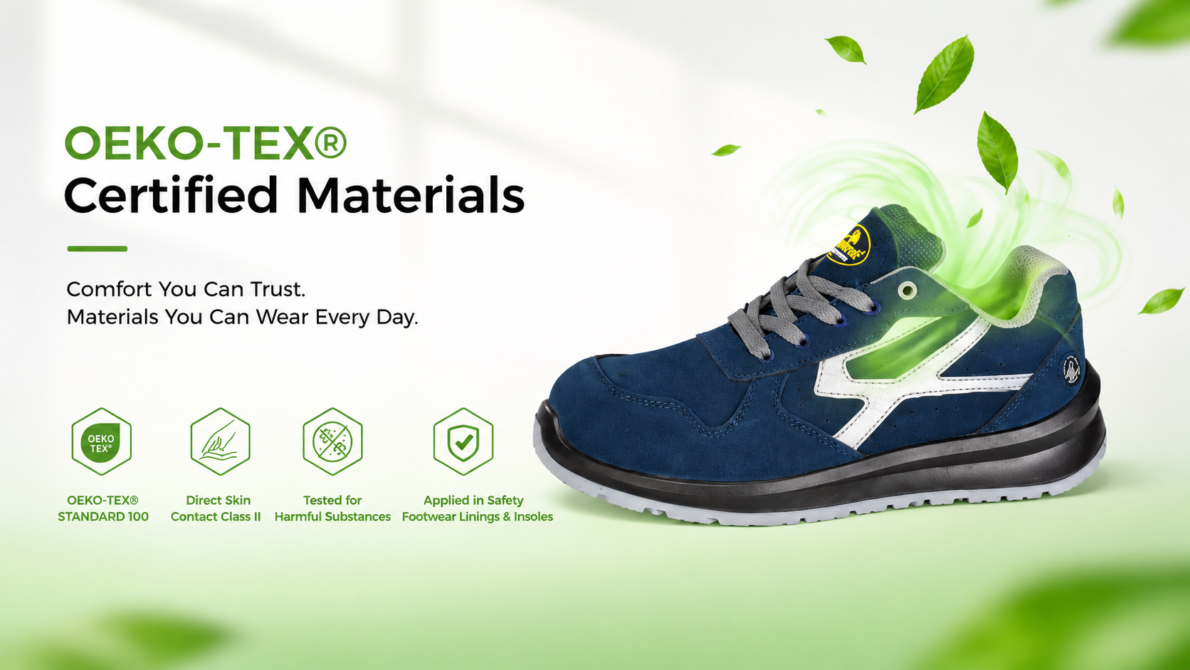 Blue safety shoe featuring OEKO-TEX&reg; STANDARD 100-certified lining and insole materials tested for harmful substances