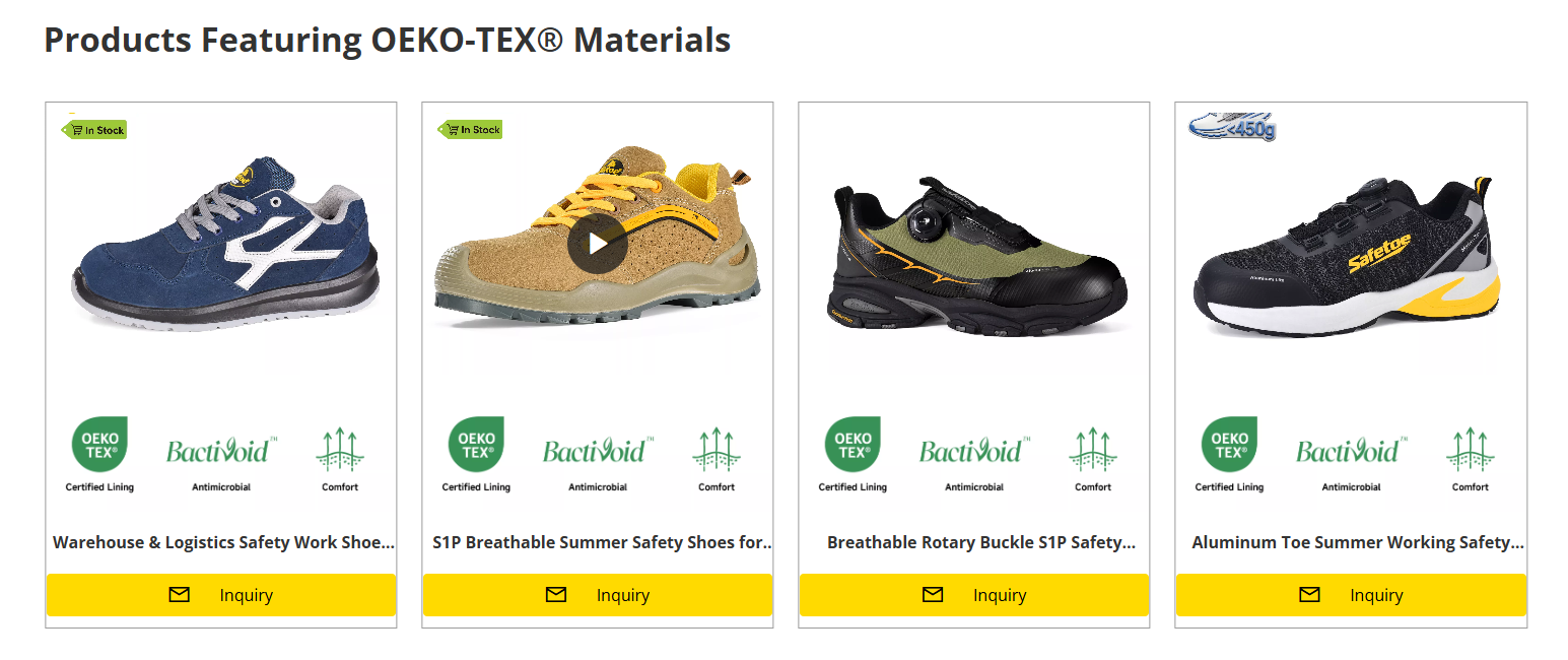 Four SAFETOE safety shoes featuring OEKO-TEX&reg; certified linings, antimicrobial materials and comfort technology