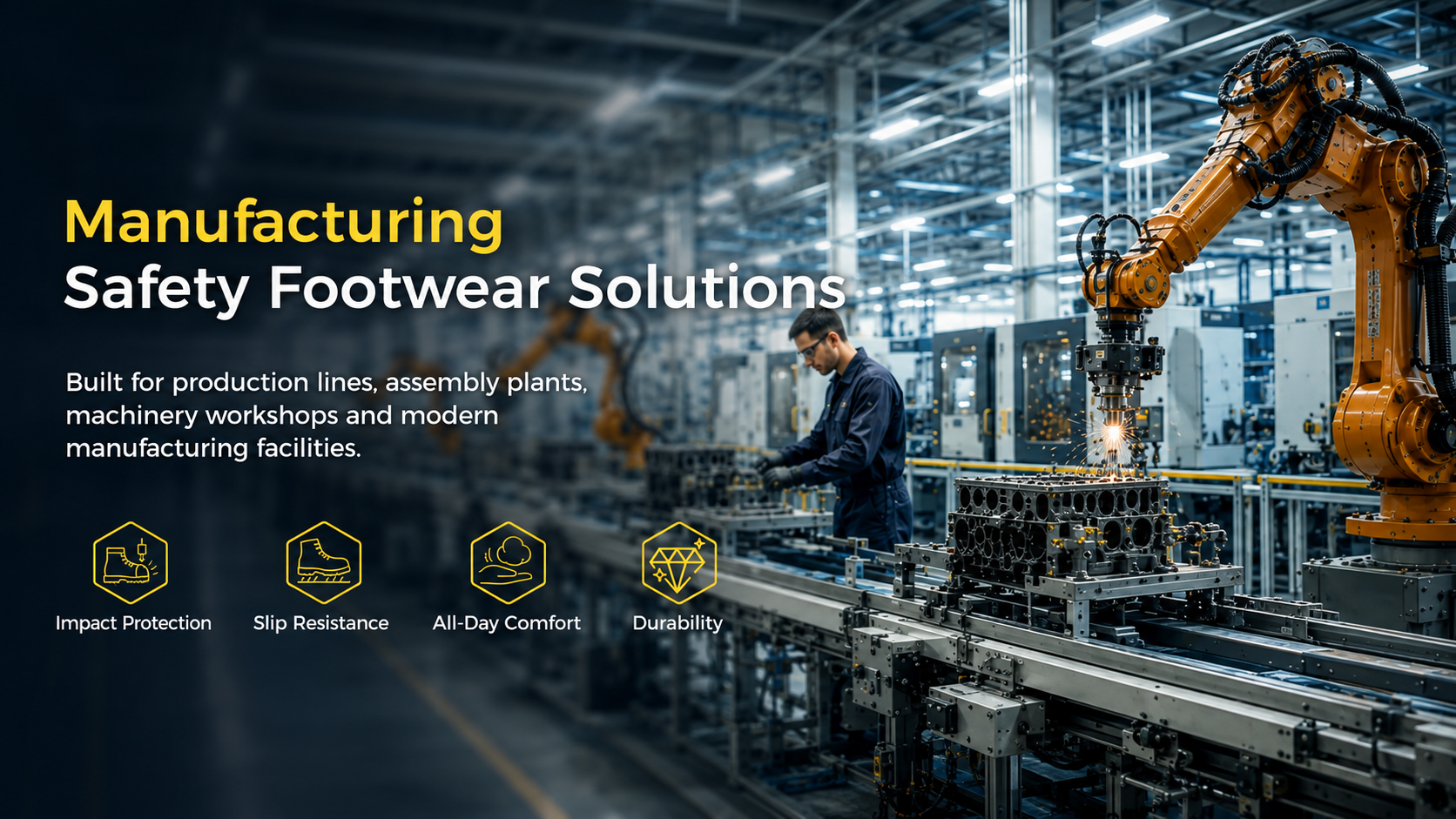 Manufacturing safety footwear solutions with impact protection, slip resistance, all-day comfort and durable performance
