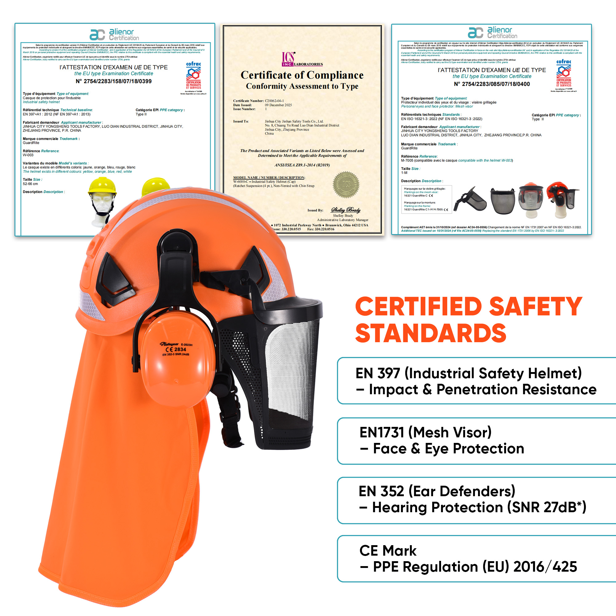 Safety Helmet with Face Shield and Ear Muff Protection M-5017 Orange