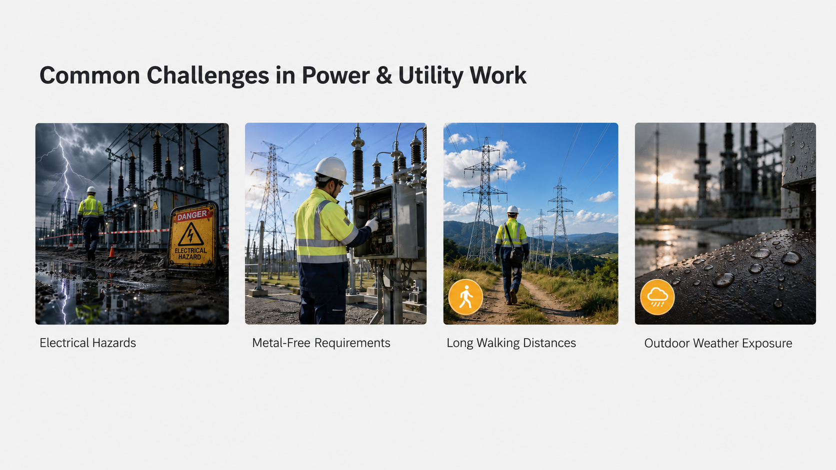 Common power and utility work challenges including electrical hazards, metal-free requirements, long walking distances and outdoor weather exposure
