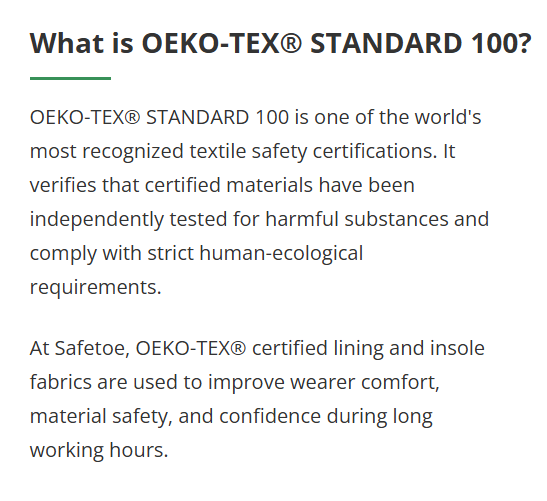What is OEKO-TEX STANDARD 100 and how Safetoe uses certified lining and insole materials