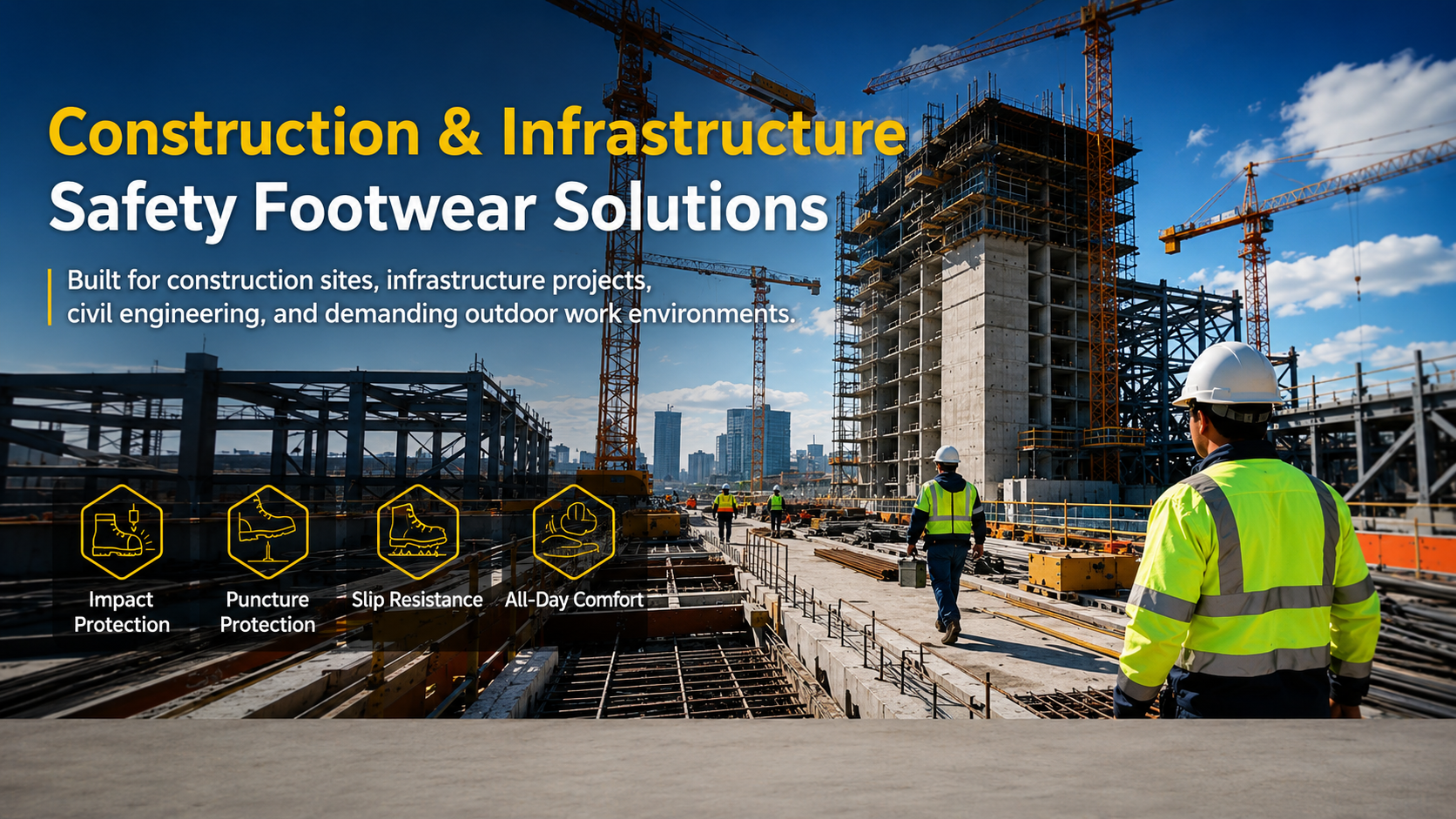 Construction and infrastructure safety footwear solutions with impact, puncture, slip-resistant and all-day comfort protection